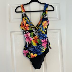 One piece floral and black bathing suit size 14